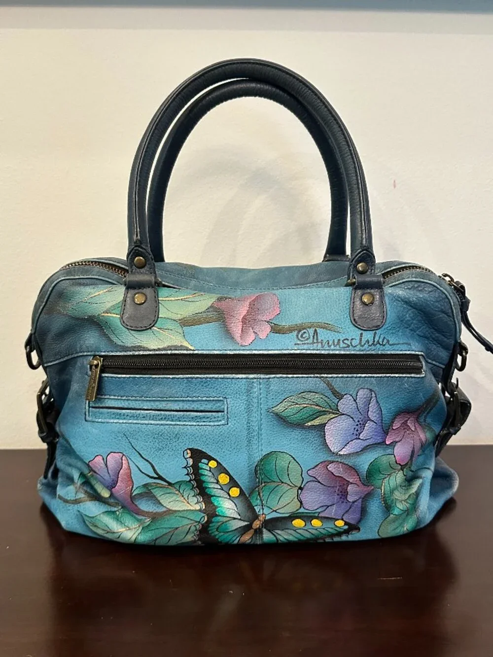 Anushka Hand Painted Leather Satchel Bag Butterfly Bird Floral Turquoise Baes